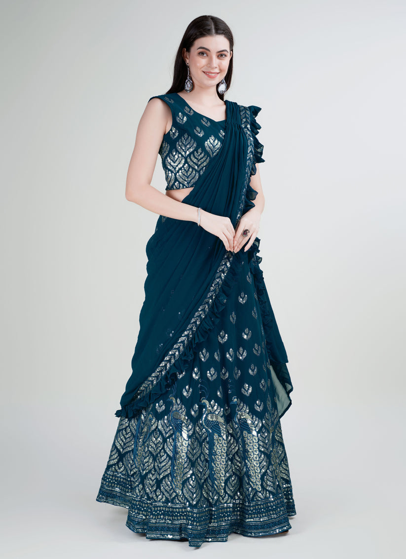 Peacock Blue Georgette Embroidered Designer Lehenga Saree