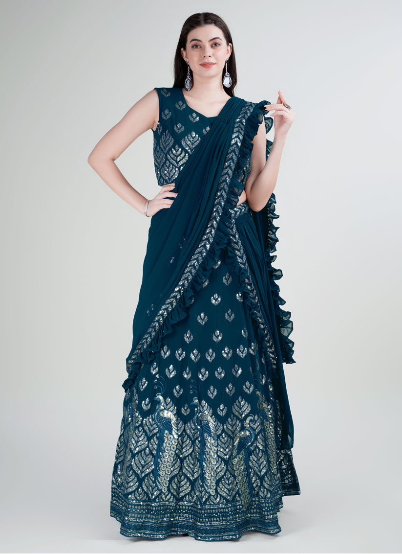 Peacock Blue Georgette Embroidered Designer Lehenga Saree