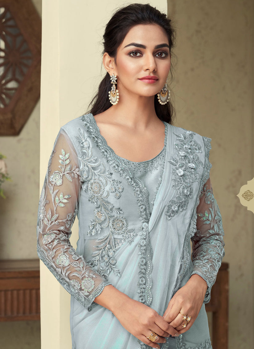 Pearl Grey Designer Saree