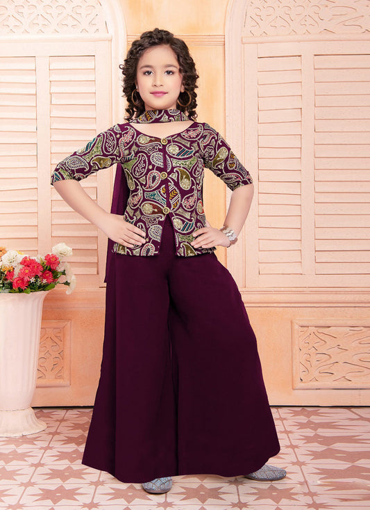 Wine Georgette Embroidered Girls Sarara Kameez Suit