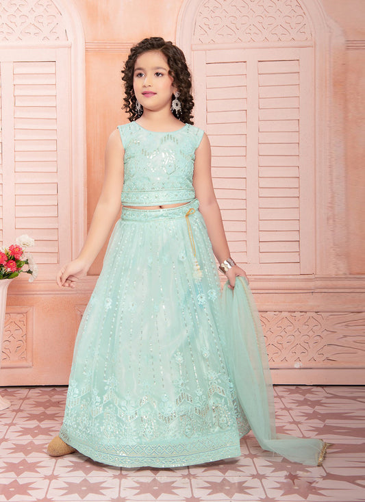 Ocean Blue Soft Net Embroidered Girls Lehenga Choli