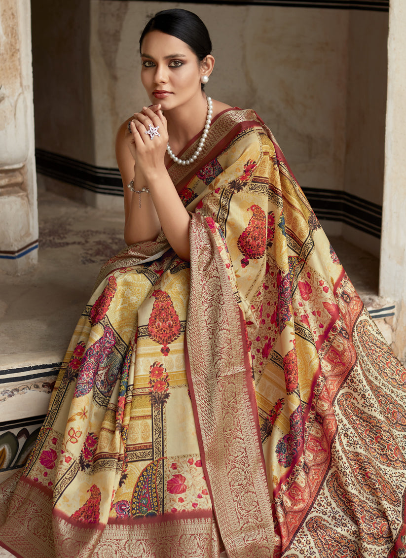 Golden Cream Dola Viscose Partywear Saree