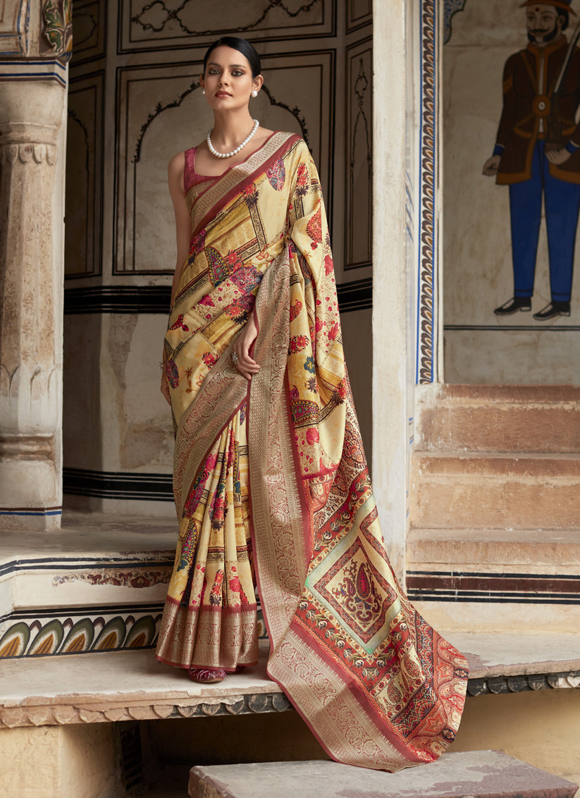 Golden Cream Dola Viscose Partywear Saree