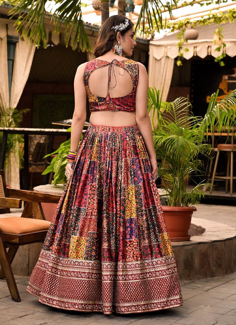 Multicolor Satin Embroidered Readymade Lehenga Choli