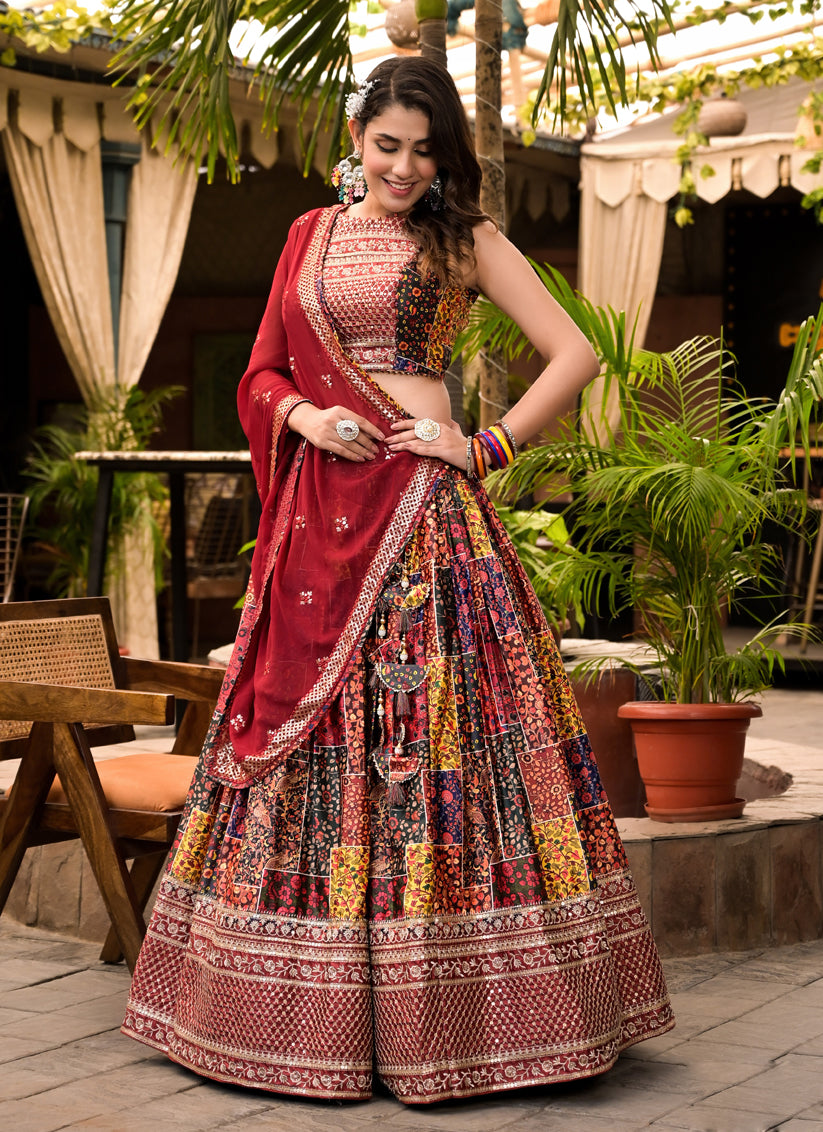 Multicolor Satin Embroidered Readymade Lehenga Choli