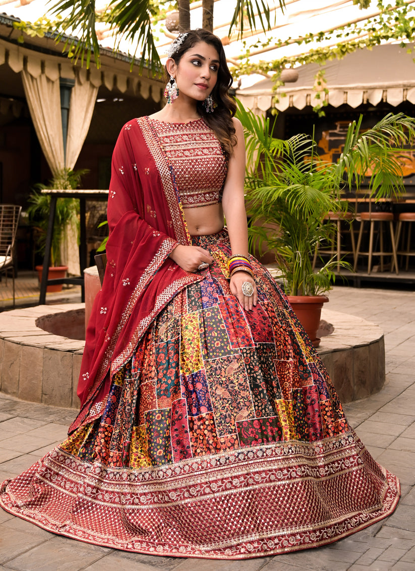 Multicolor Satin Embroidered Readymade Lehenga Choli