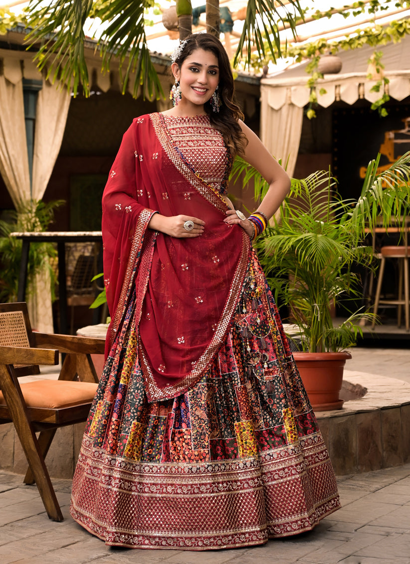 Multicolor Satin Embroidered Readymade Lehenga Choli