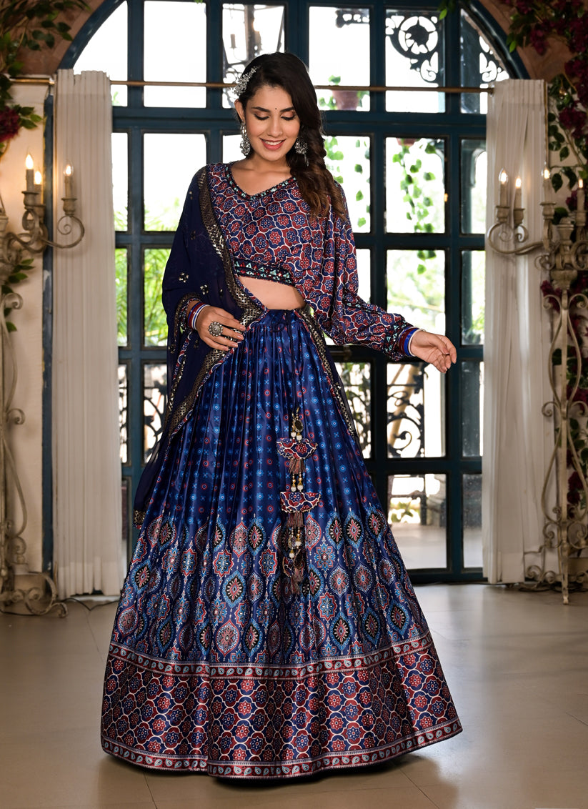 Indigo Blue Satin Embroidered Readymade Lehenga Choli