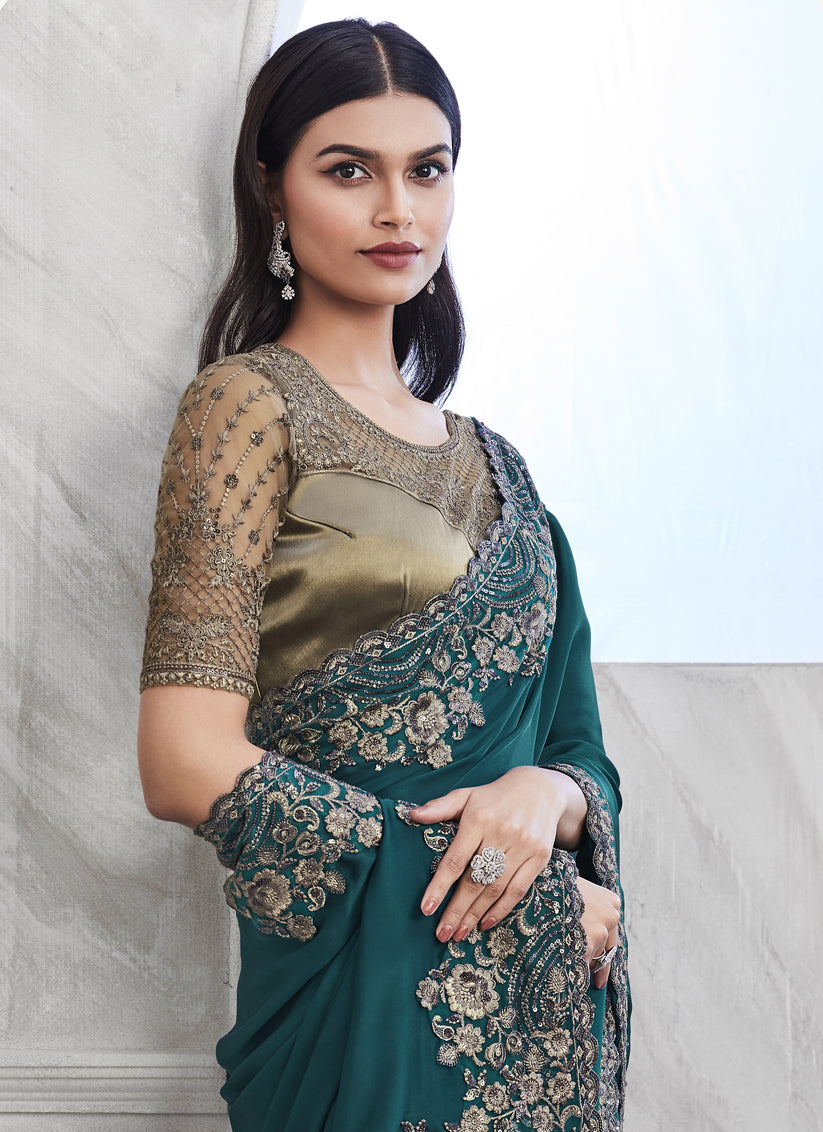 Teal Blue Saree with Embroidered Blouse