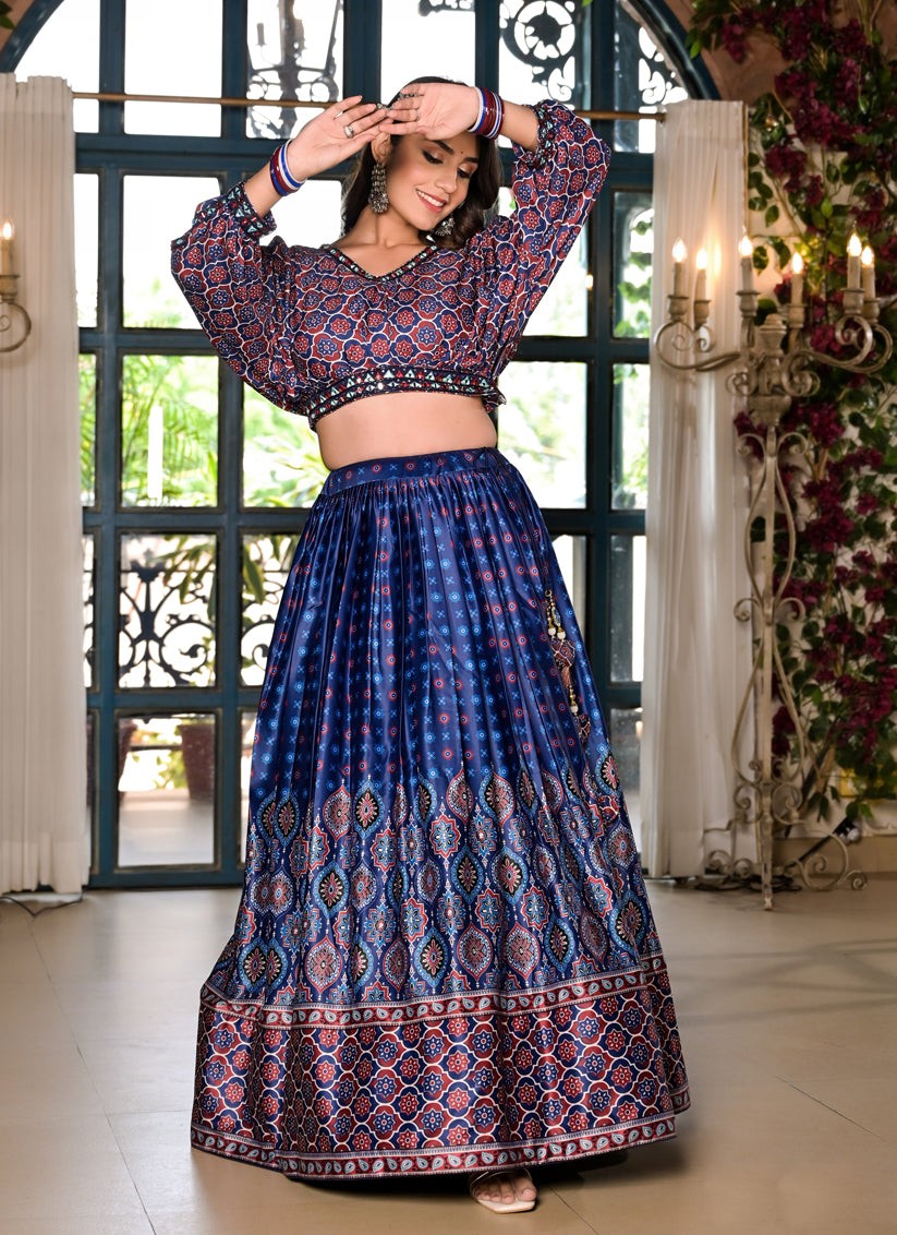 Indigo Blue Satin Embroidered Readymade Lehenga Choli