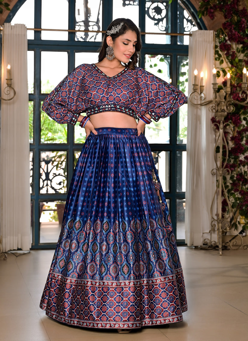 Indigo Blue Satin Embroidered Readymade Lehenga Choli