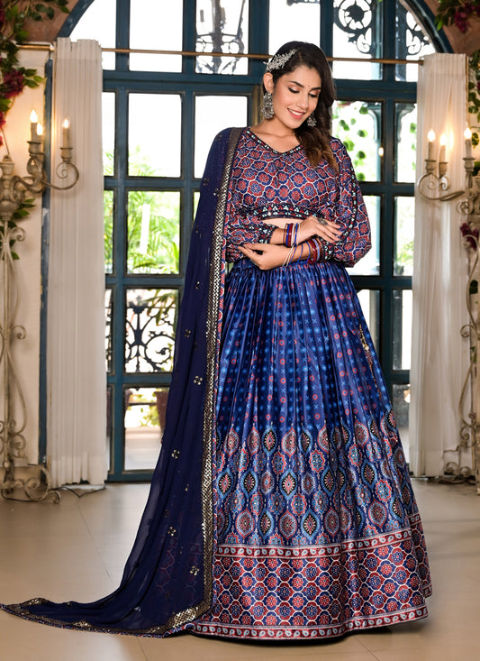 Indigo Blue Satin Embroidered Readymade Lehenga Choli