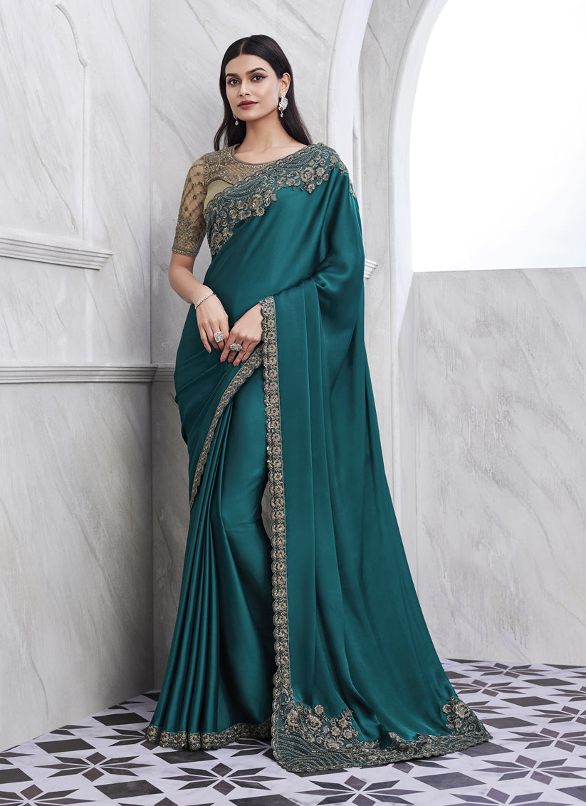 Teal Blue Saree with Embroidered Blouse