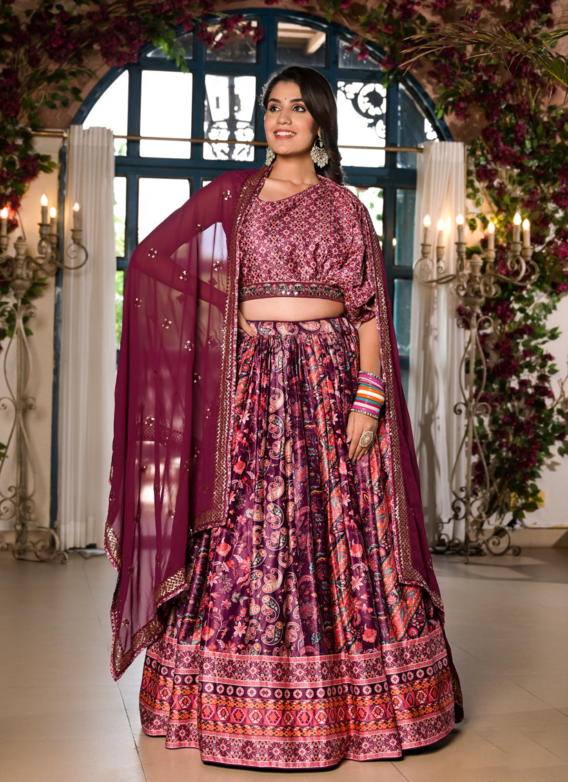 Mulberry Satin Embroidered Readymade Lehenga Choli