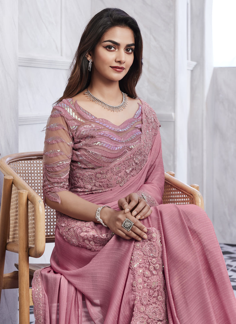 Carnation Pink Saree with Embroidered Blouse