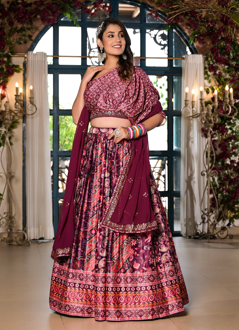 Mulberry Satin Embroidered Readymade Lehenga Choli