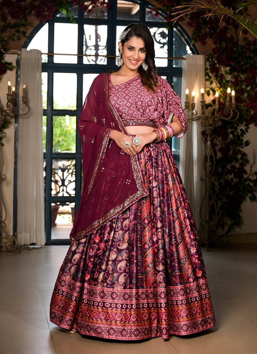 Mulberry Satin Embroidered Readymade Lehenga Choli