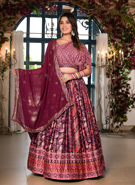 Mulberry Satin Embroidered Readymade Lehenga Choli