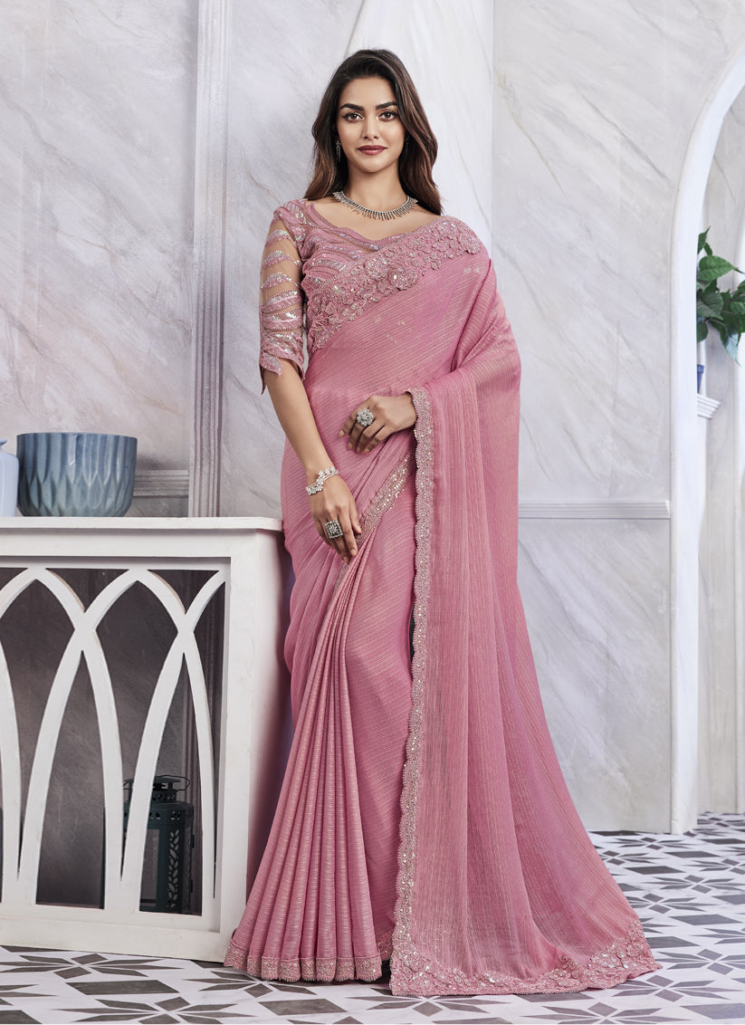 Carnation Pink Saree with Embroidered Blouse