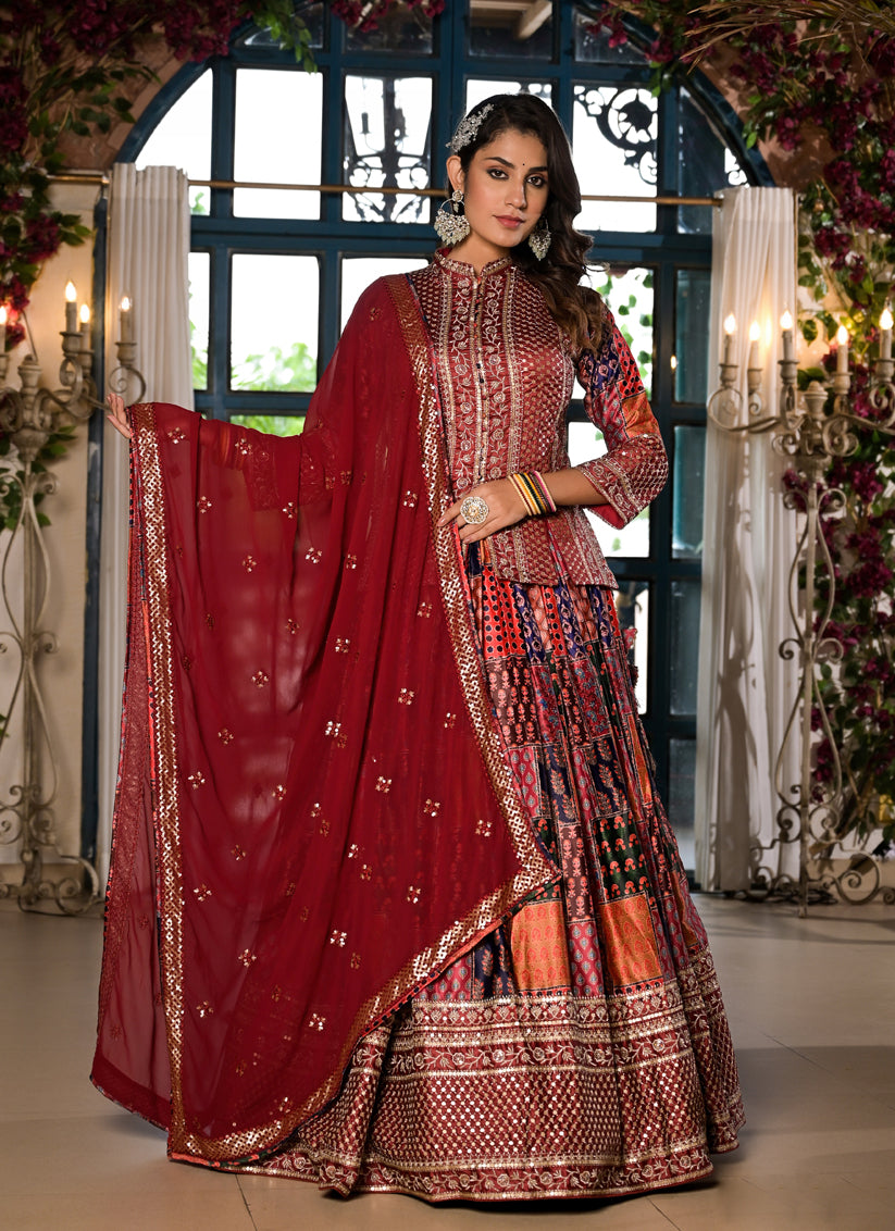 Multicolor Satin Embroidered Readymade Lehenga Choli