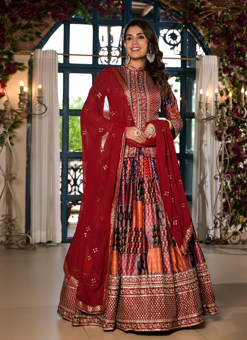 Multicolor Satin Embroidered Readymade Lehenga Choli