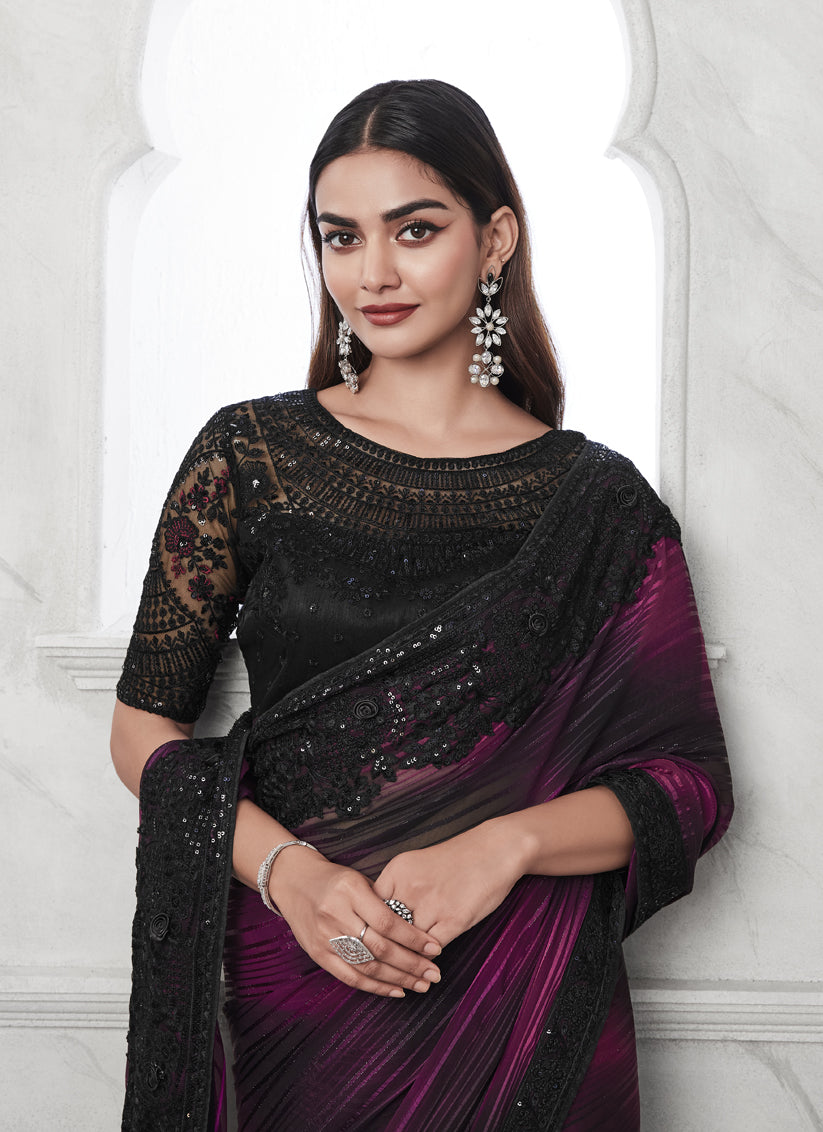 Magenta and Black Saree with Embroidered Blouse