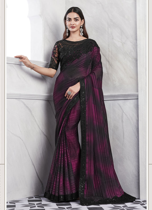 Magenta and Black Saree with Embroidered Blouse