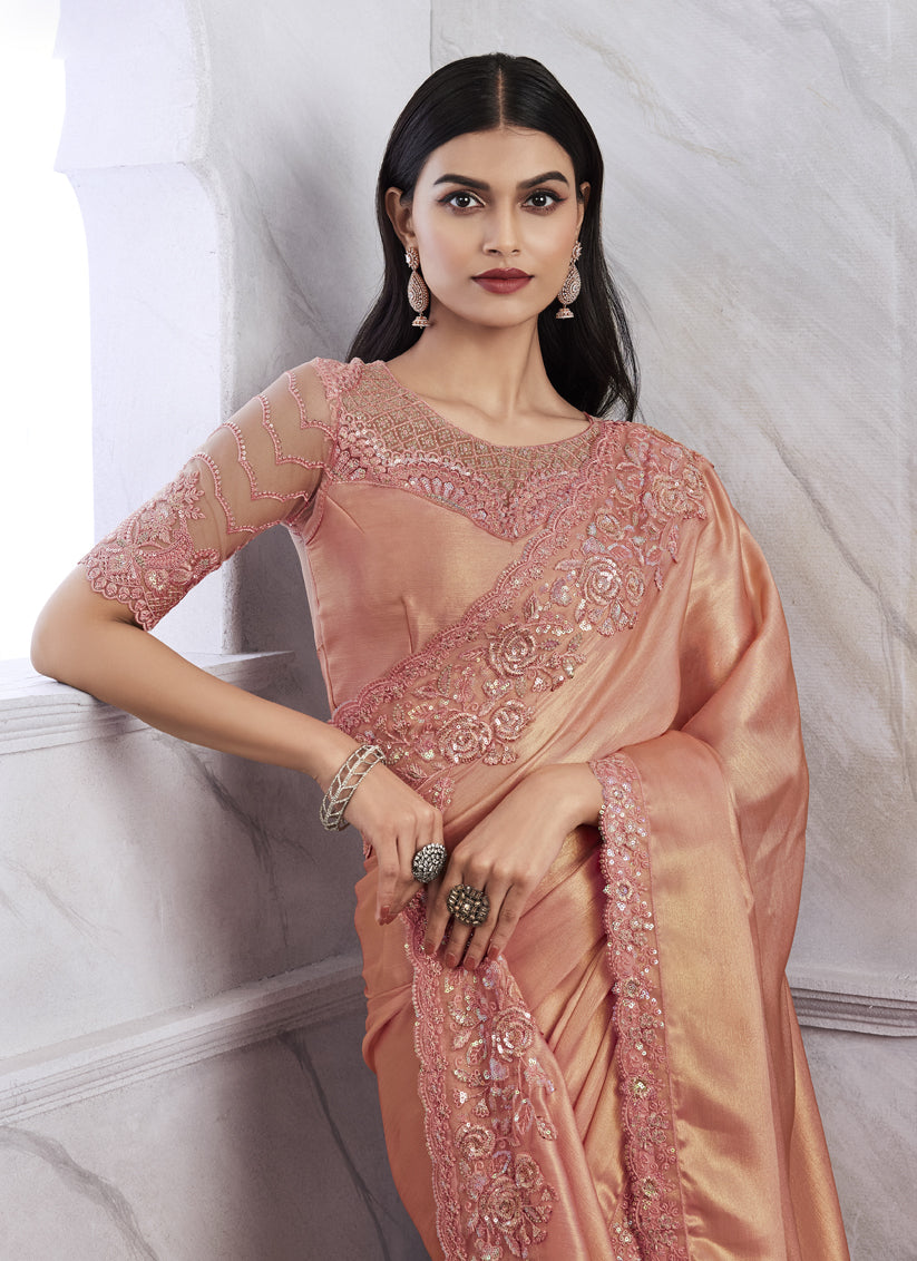 Peach Saree with Embroidered Blouse