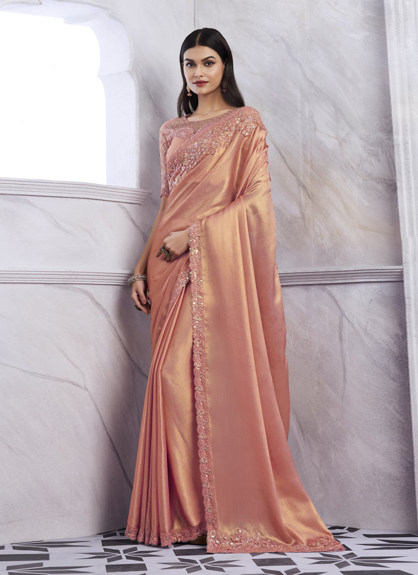 Peach Saree with Embroidered Blouse