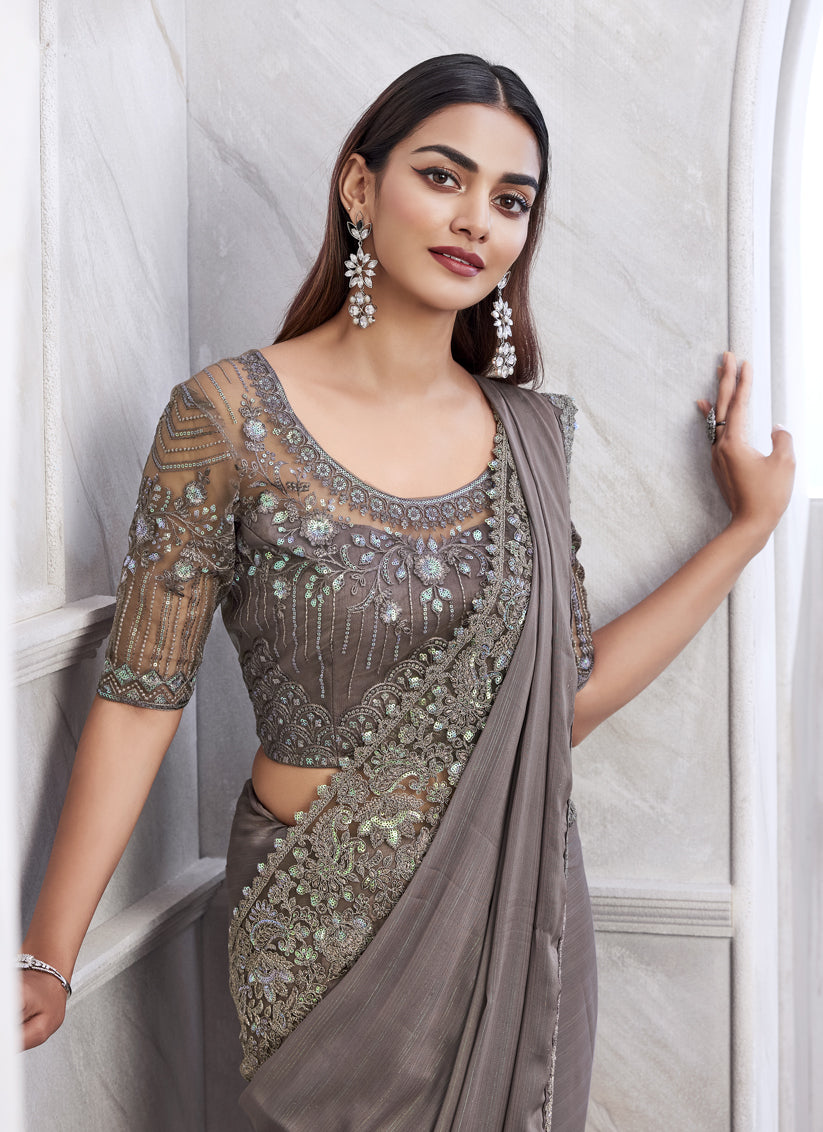 Dusty Grey Saree with Embroidered Blouse