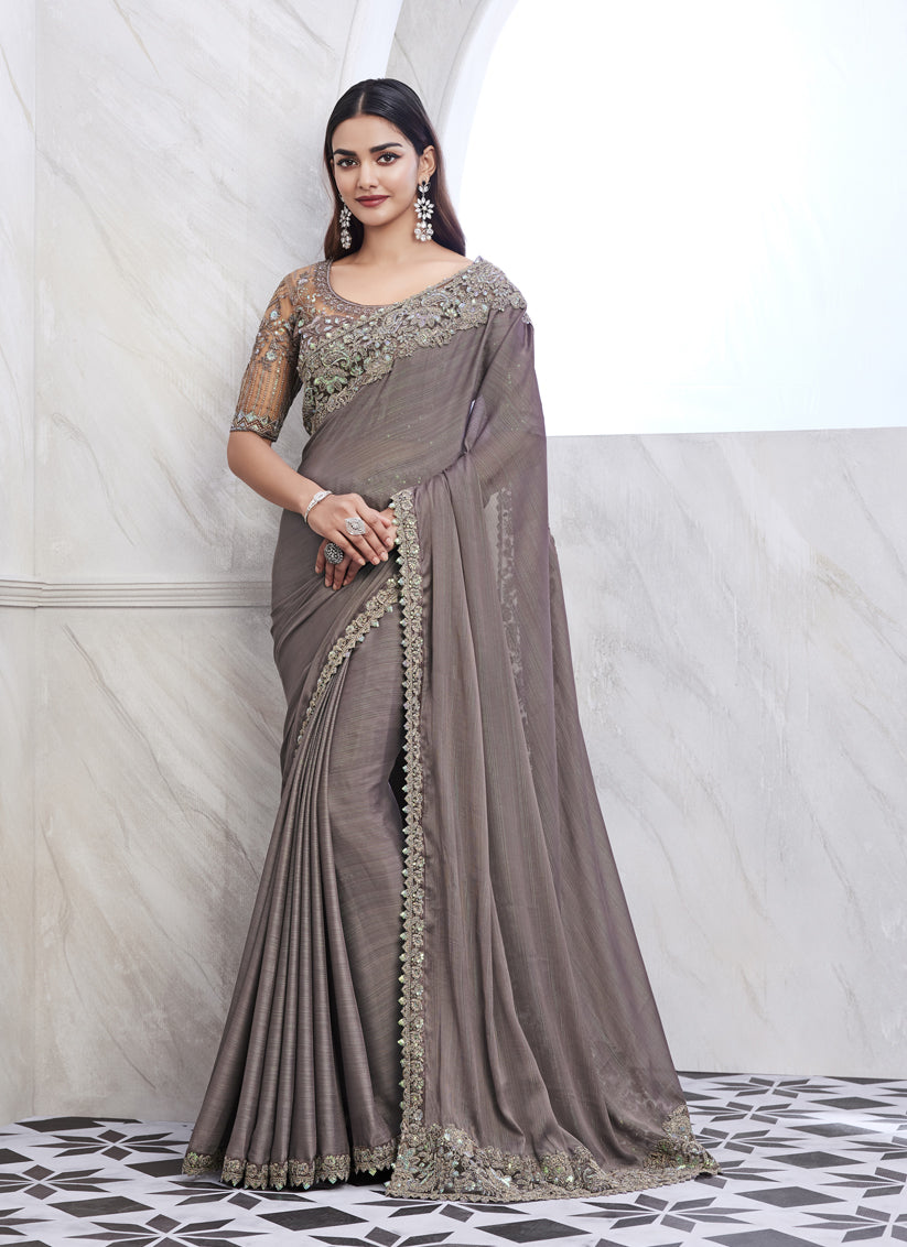 Dusty Grey Saree with Embroidered Blouse