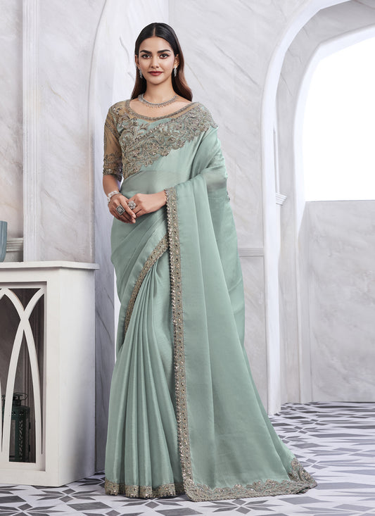 Ice Blue Saree with Embroidered Blouse