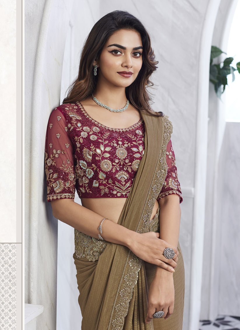 Snuff Brown Saree with Embroidered Blouse