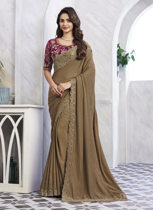 Snuff Brown Saree with Embroidered Blouse