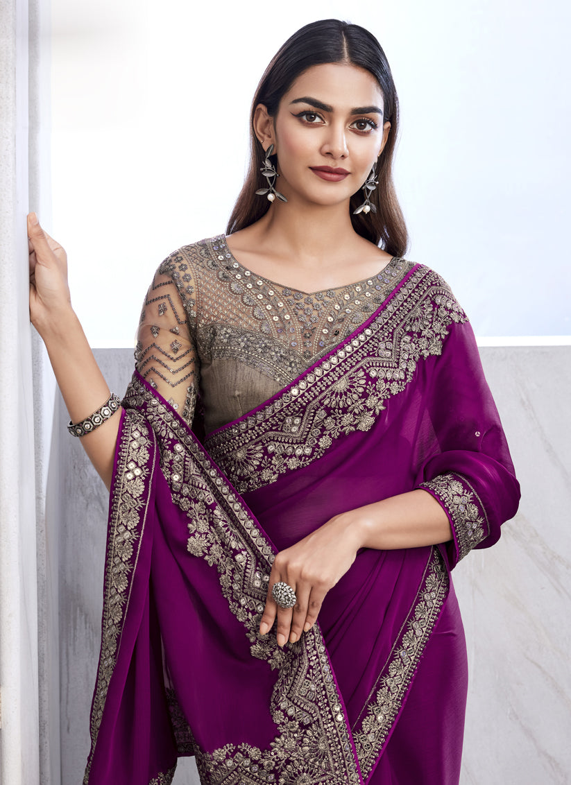 Magenta Saree with Embroidered Blouse