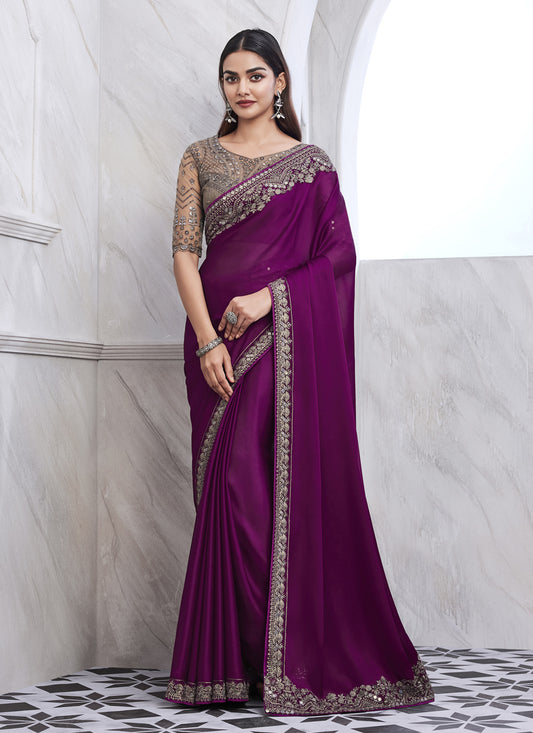 Magenta Saree with Embroidered Blouse