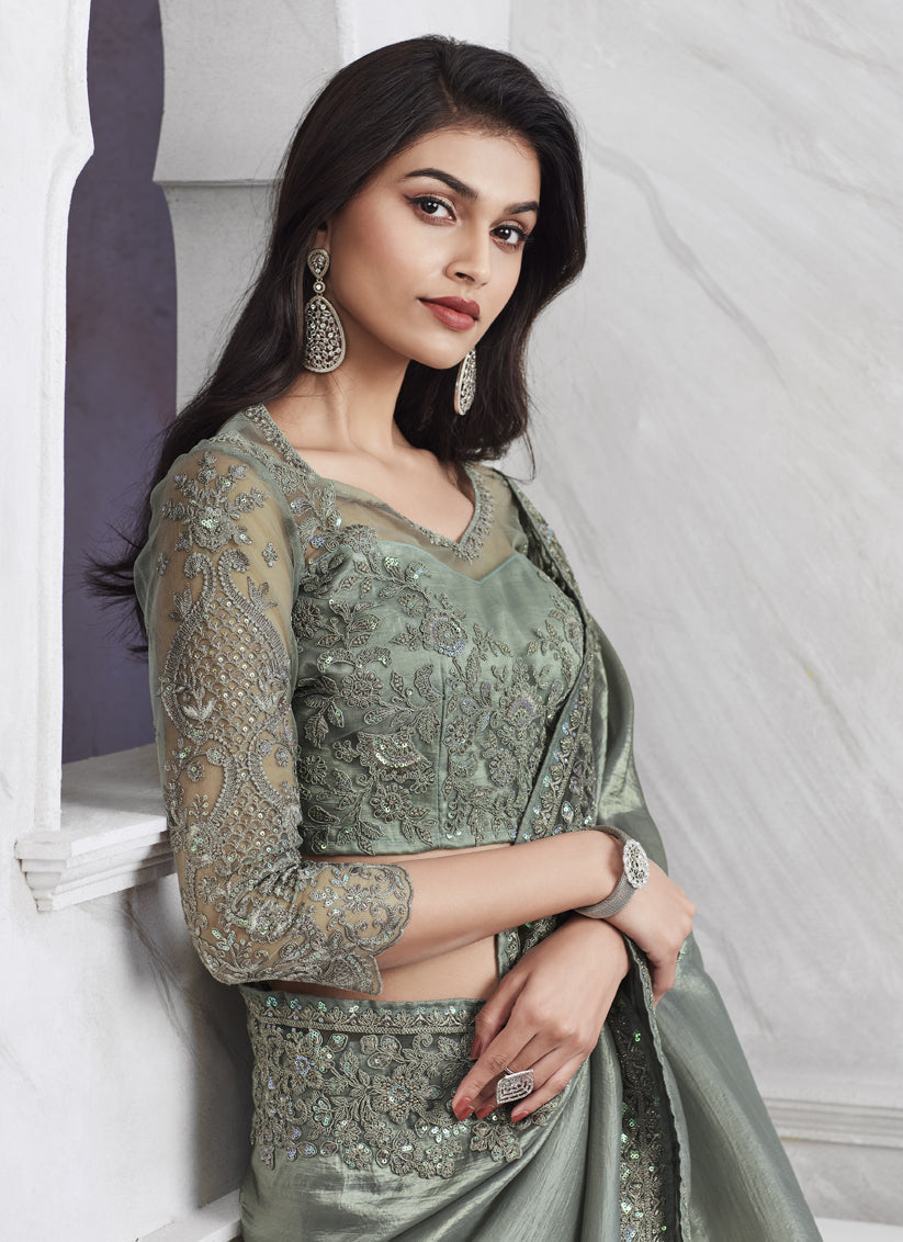 Teal Grey Saree with Embroidered Blouse