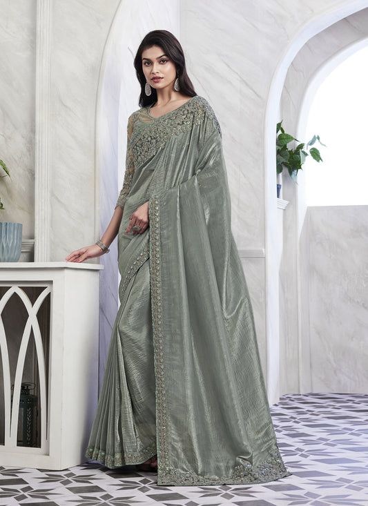 Teal Grey Saree with Embroidered Blouse