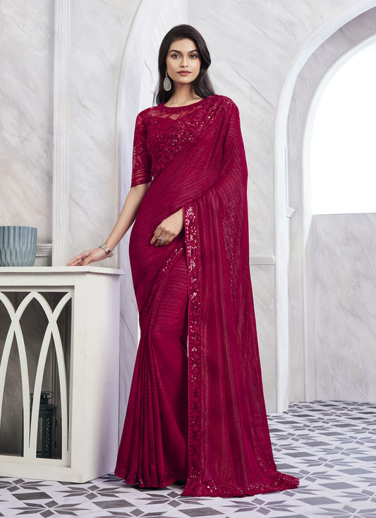 Raspberry Pink Saree with Embroidered Blouse