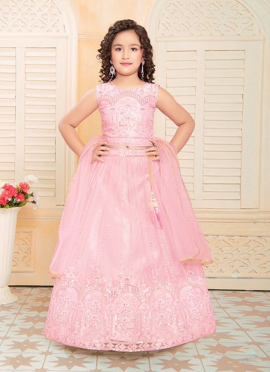 Pink Soft Net Embroidered Girls Lehenga Choli