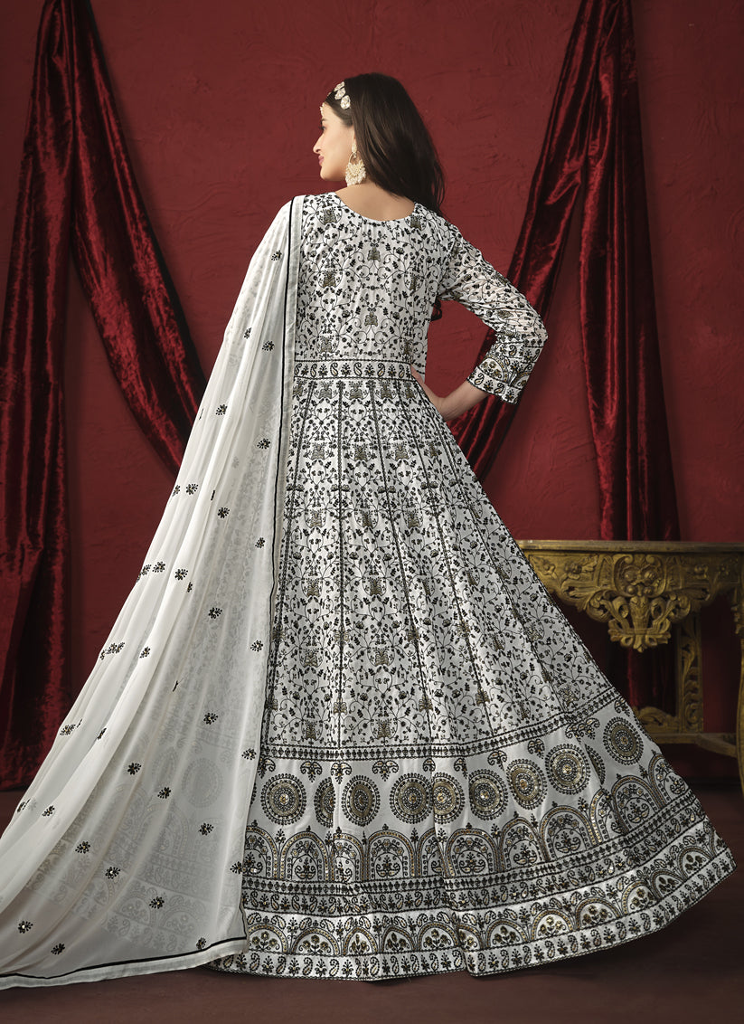 White Faux Georgette Embroidered Designer Anarkali Suit