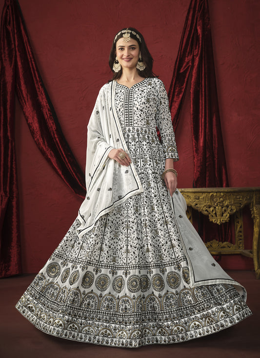 White Faux Georgette Embroidered Designer Anarkali Suit