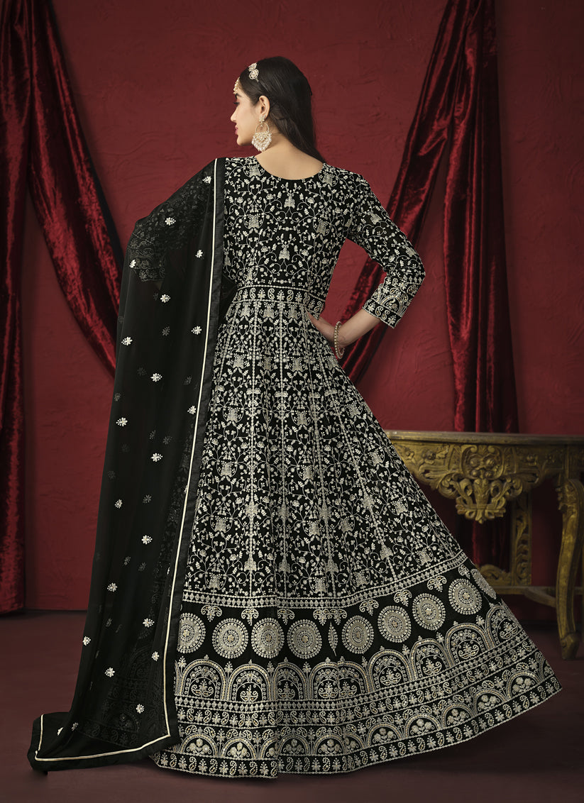 Black Faux Georgette Embroidered Designer Anarkali Suit