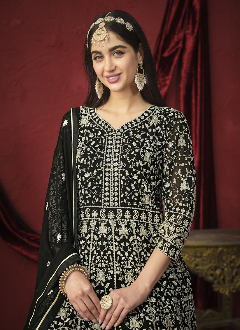 Black Faux Georgette Embroidered Designer Anarkali Suit