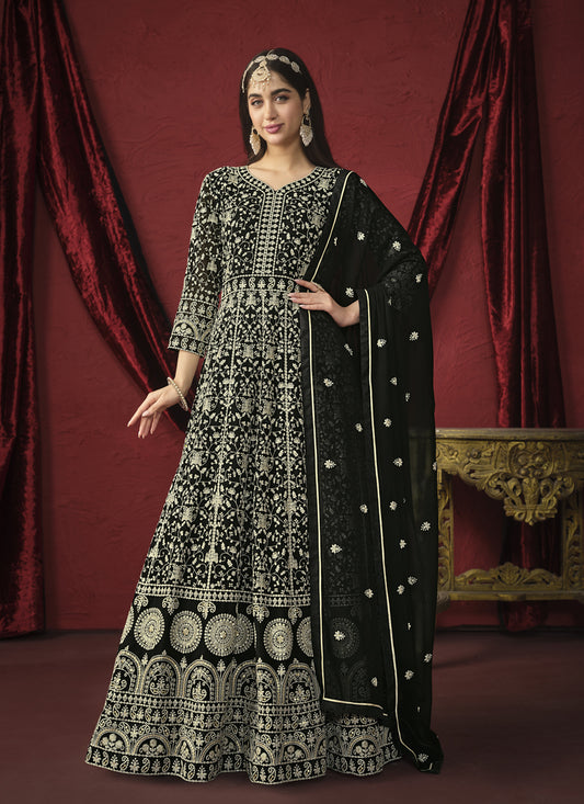 Black Faux Georgette Embroidered Designer Anarkali Suit