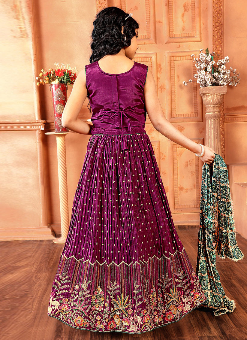 Wine Chinnon Embroidered Kids Girl Lehenga Choli