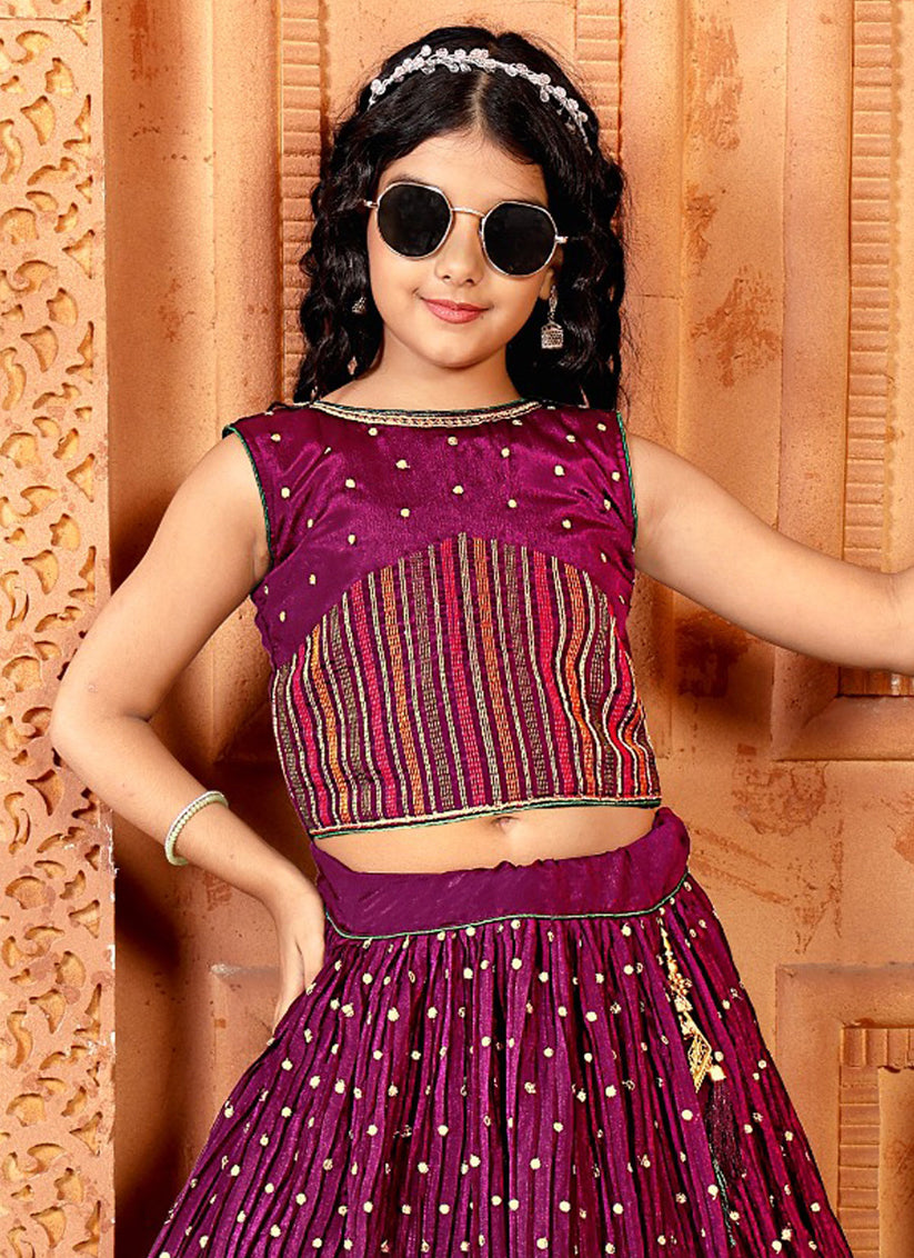 Wine Chinnon Embroidered Kids Girl Lehenga Choli