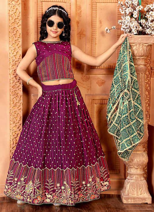 Wine Chinnon Embroidered Kids Girl Lehenga Choli