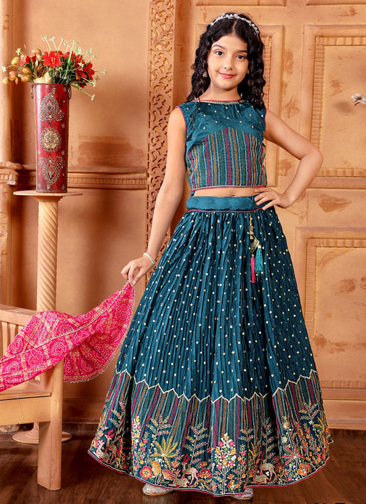 Peacock Blue Chinnon Embroidered Kids Girl Lehenga Choli