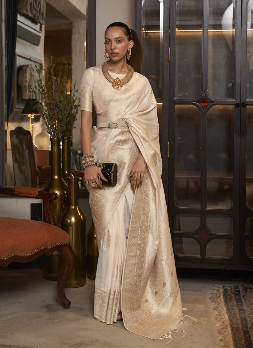 Ivory Faux Georgette Handloom Weaving Saree